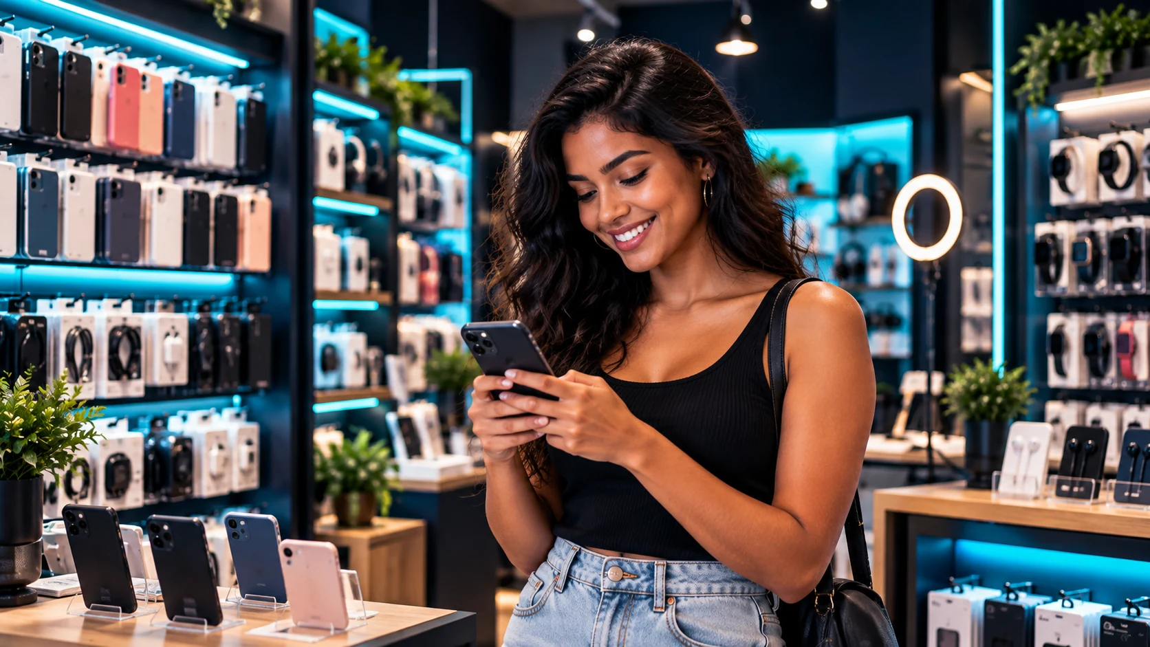 Cliente usando telemóvel em uma loja de acessórios
